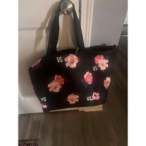 Victorias Secret‎ Black Floral Tote Bag Pink Roses Print 12" Tall weekender